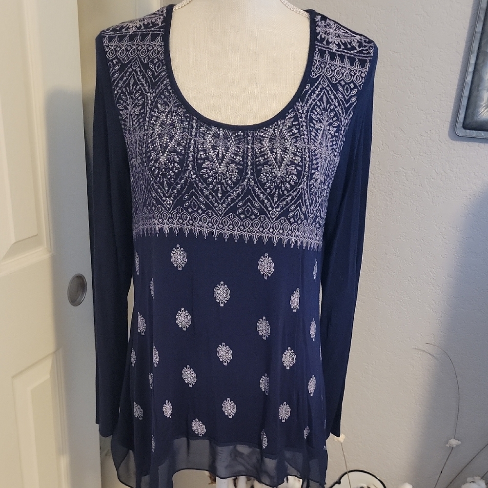 Navy Blue Patterned Women's Top/Tunic With Embellishments